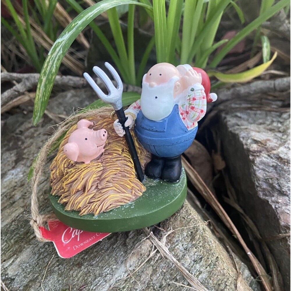 Cape Shore Ornament Santa Farmer with Pink Pig in haystack Pitchfork Farming